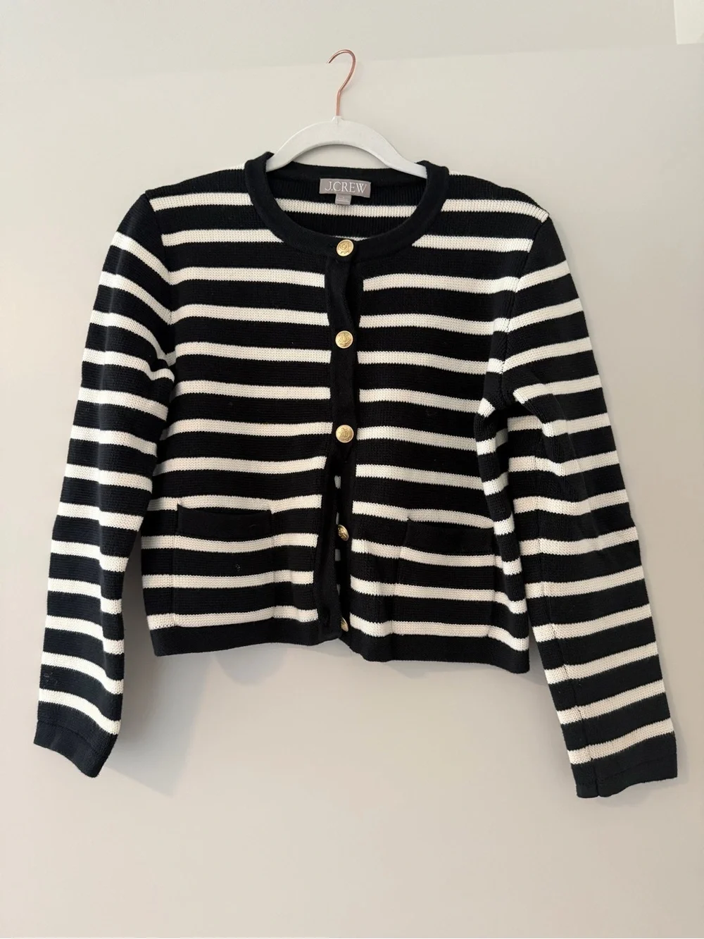 J. Crew Black & White Striped Crewneck Cardigan with Gold Buttons